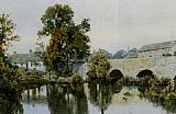 Leading Canvas Paintings - A Stone Bridge Leading into a Village